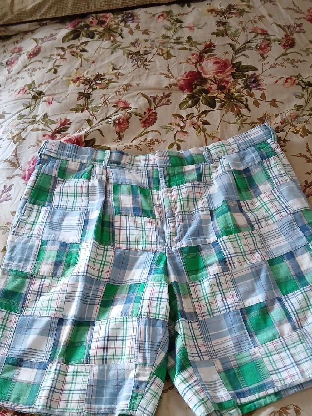 Classic Madras Green White and Light Blue Plaid Cotton Shorts - 40